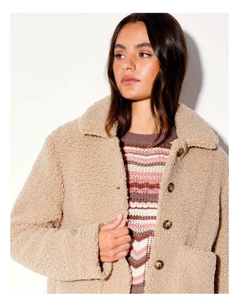 Miss Shop Recycled Teddy Jacket in Camel